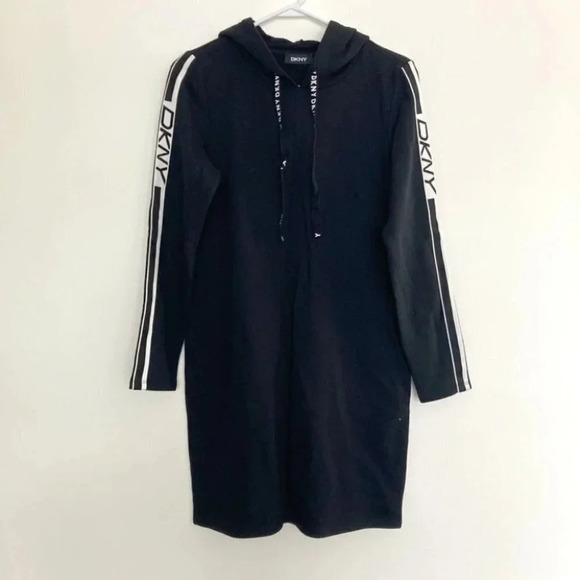 DKNY Hoodie Logo Sweatshirt Dress With Logo Tape Long Sleeves Medium - Picture 1 of 6